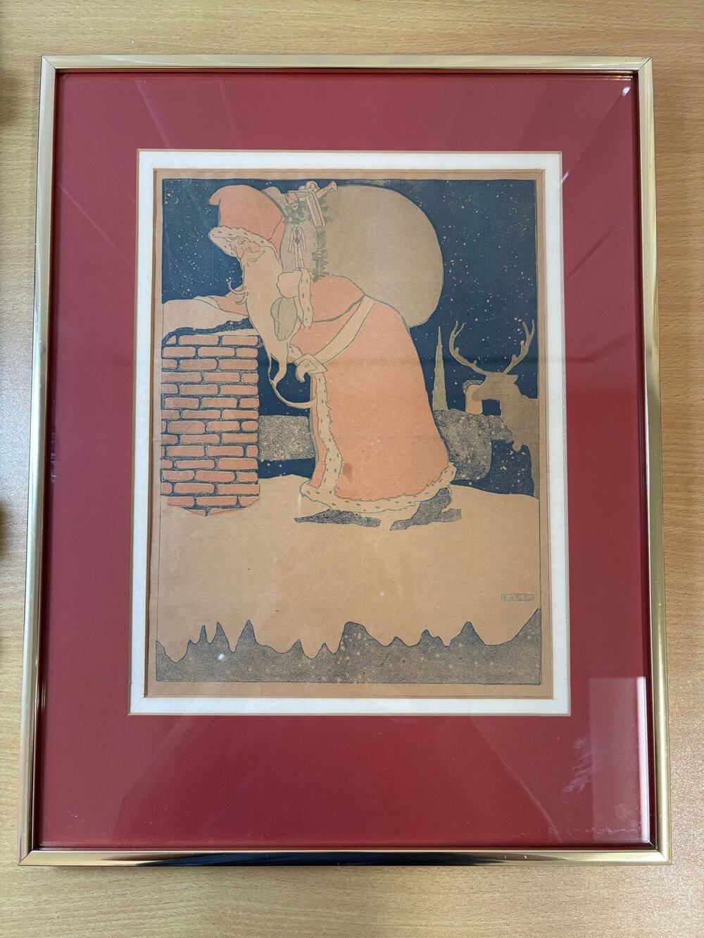 Vtg 1901 “Santa Claus at Chimney” Hand-Stamped Framed Print